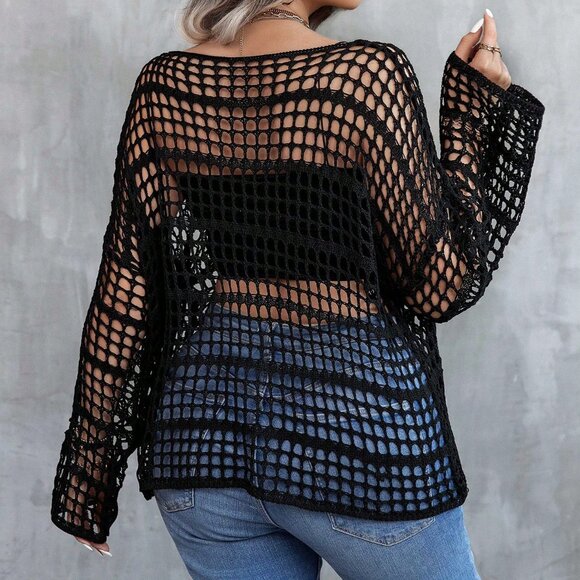 Plus Size Black Casual Women's Loose Knitted  Bell Sleeve Asymmetrical Sweater - Picture 3 of 7